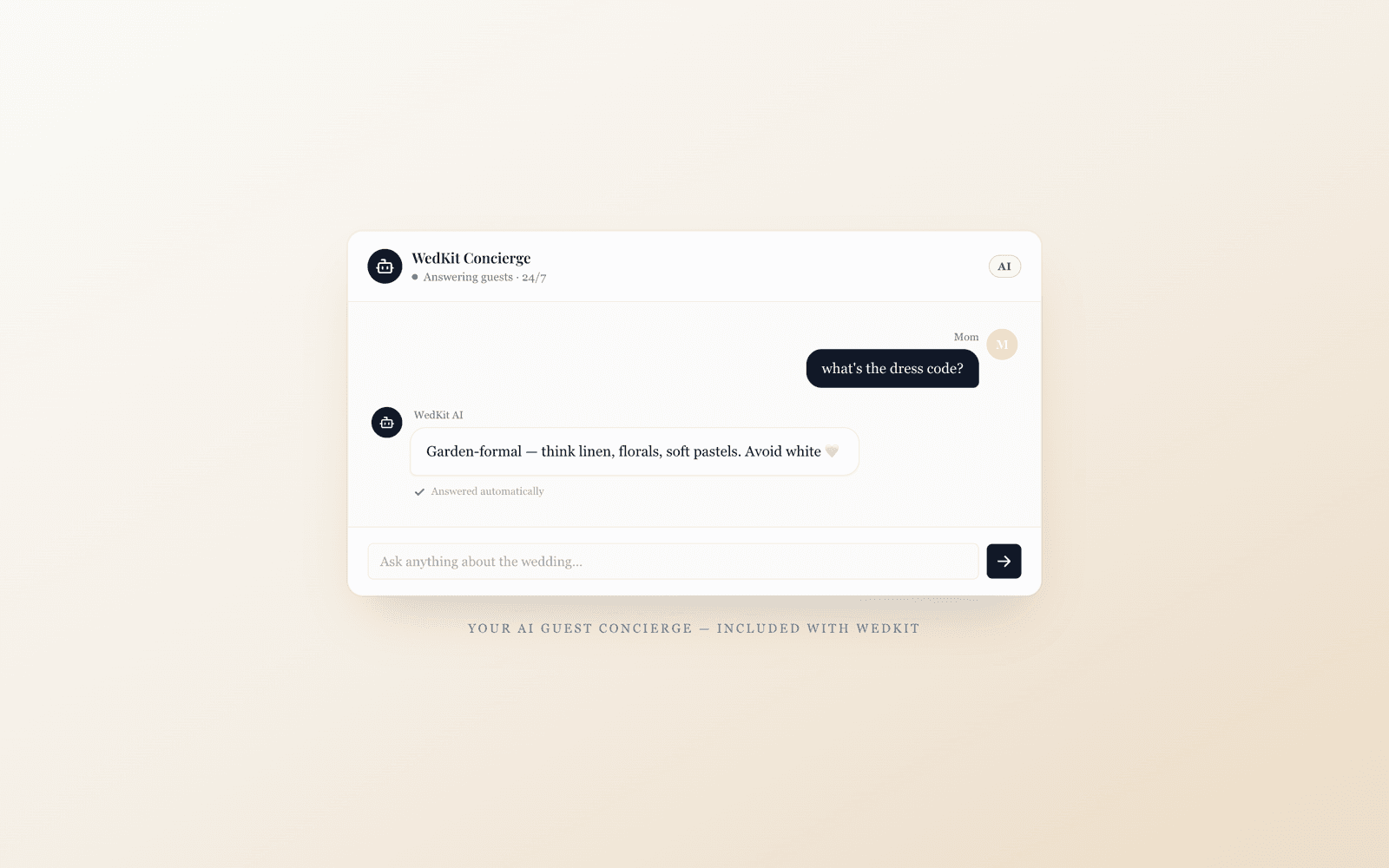 WedKit AI concierge answering a guest question about dress code