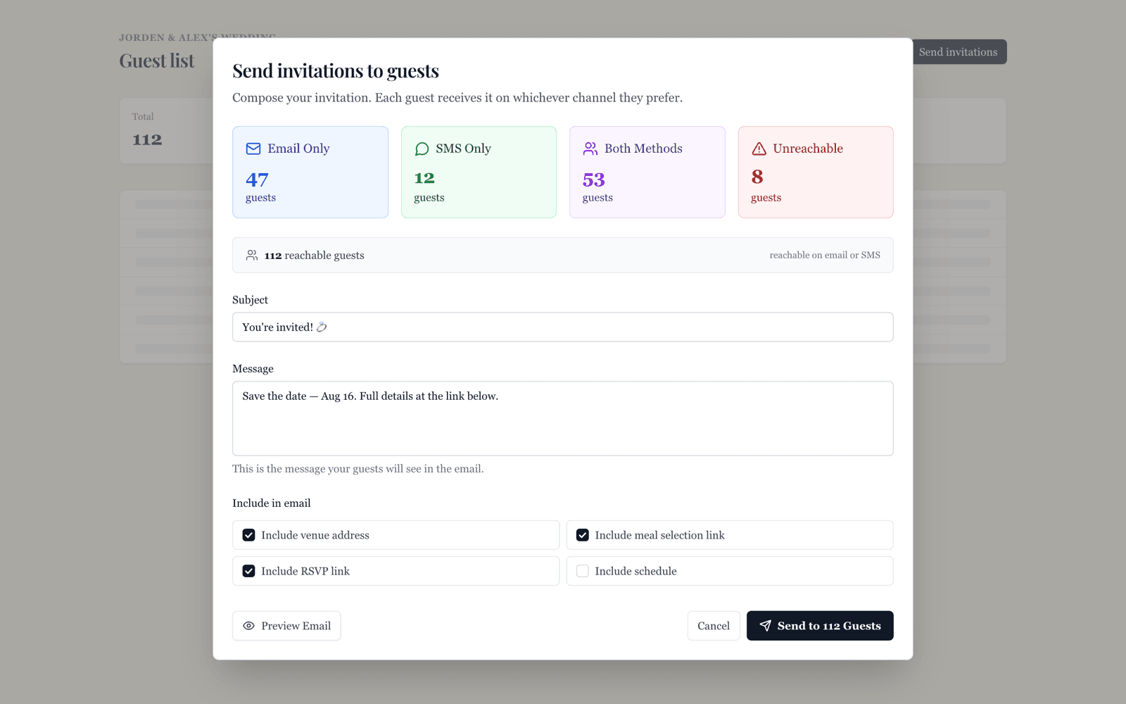 WedKit unified communication composer with email-only, SMS-only, both, and unreachable guest counts