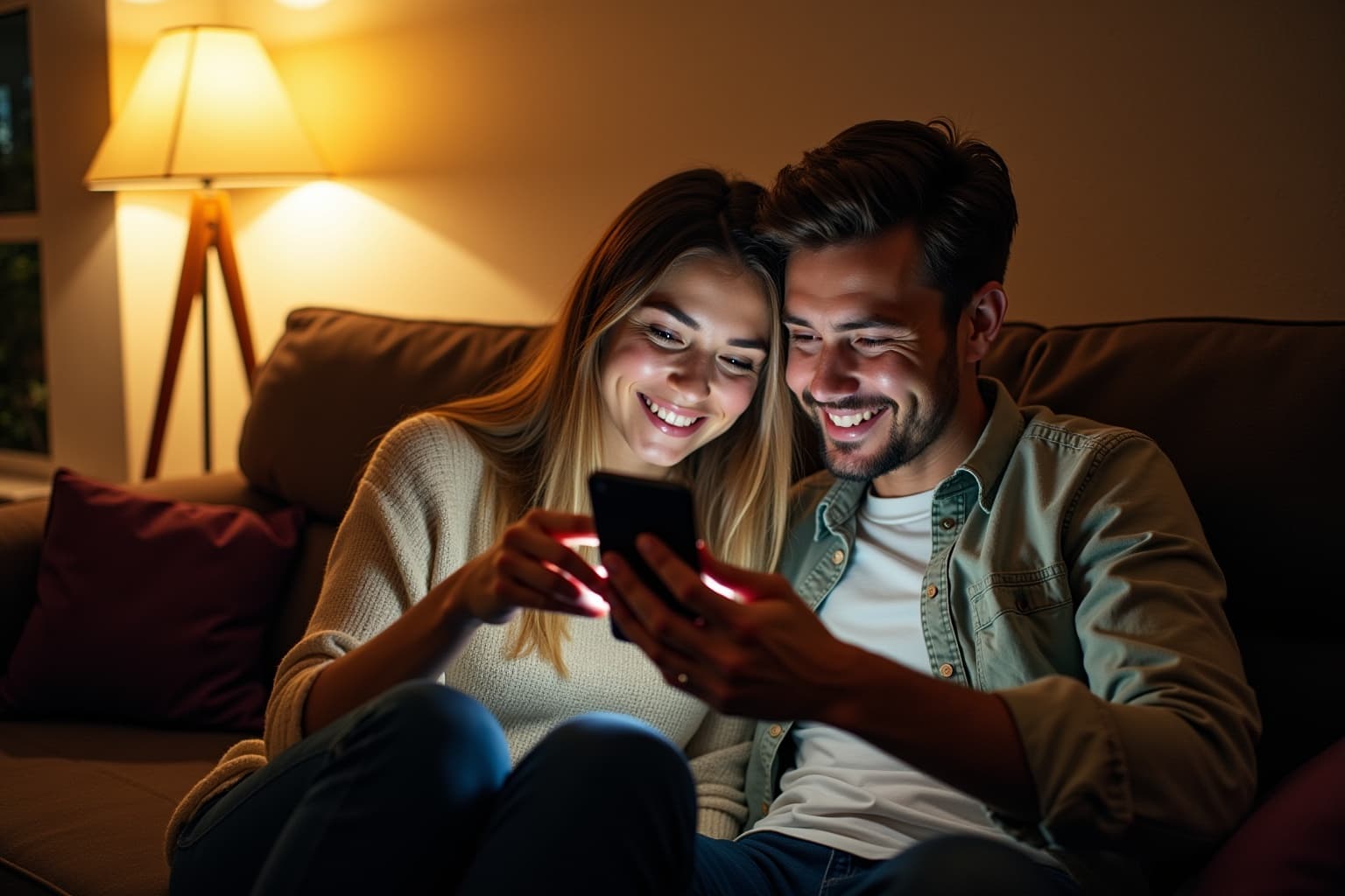 A couple replying to a wedding invitation on their phone at home