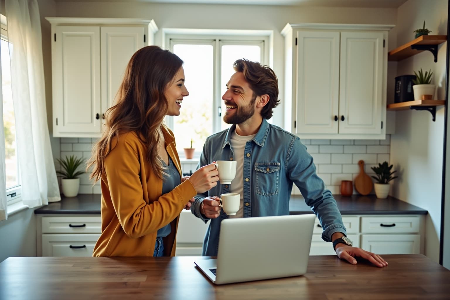 A couple planning their wedding at home