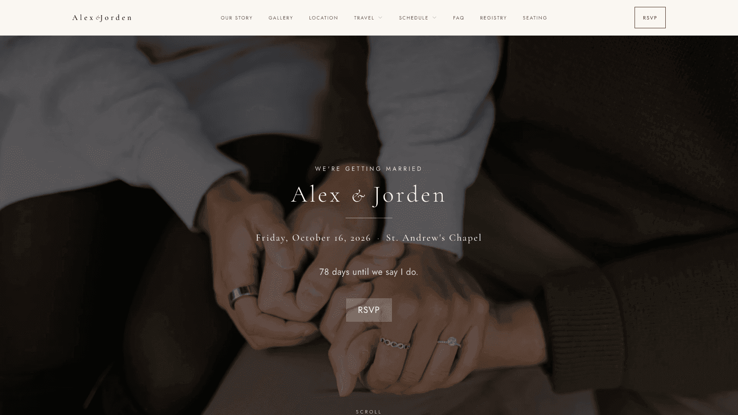 Classic centered hero: names, date and countdown centred over a full-width photograph