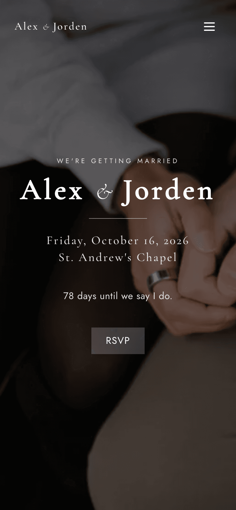 Wedding site on a phone: the hero photograph, names and date fill the screen with the RSVP button within thumb reach