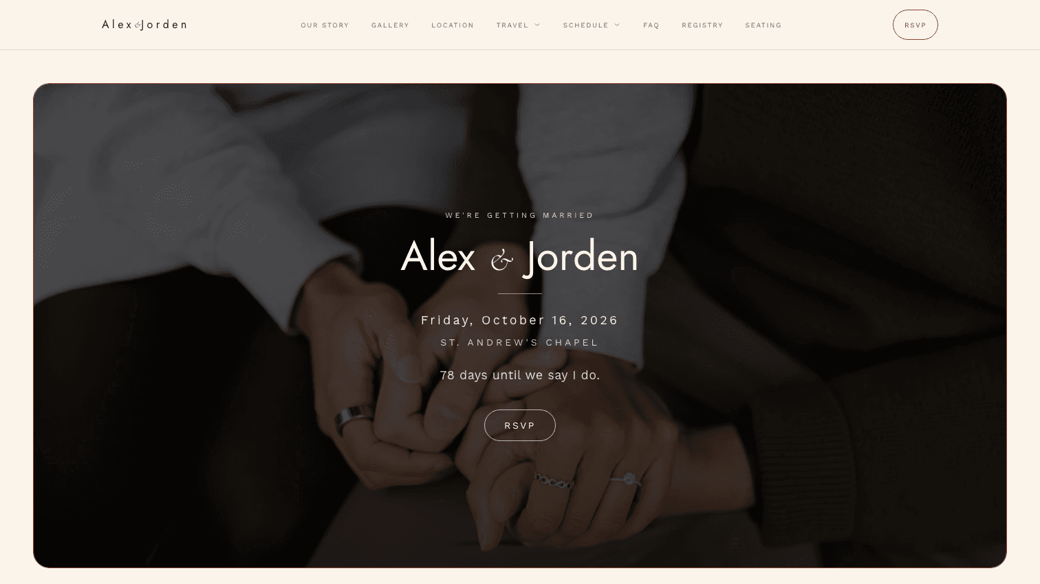 Wedding site in the Sienna art direction: arch-topped photographs and terracotta colour blocks on a sand-coloured page with lowercase geometric type