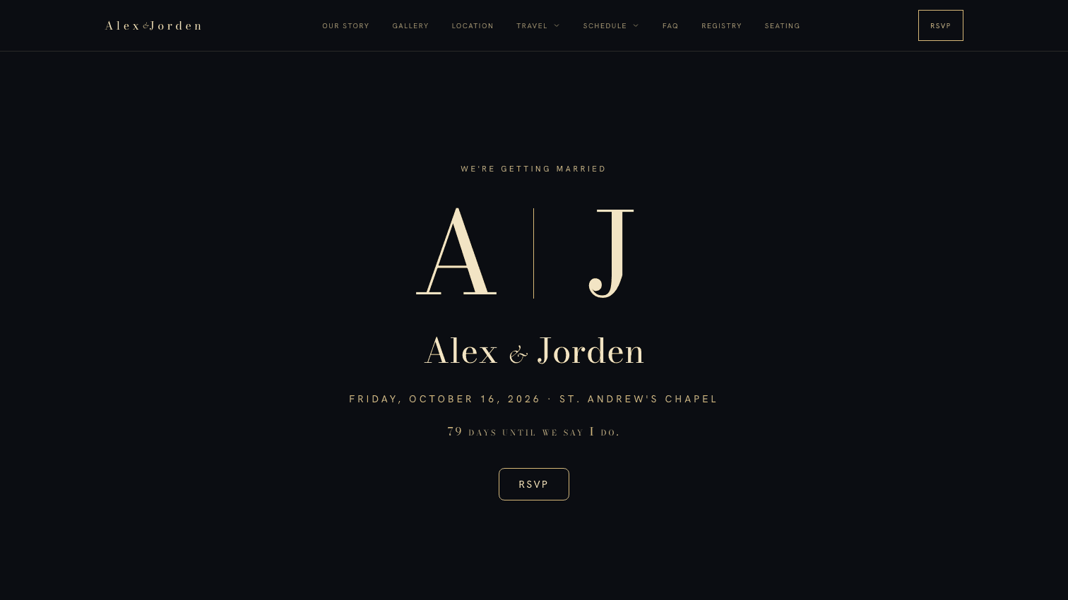 Wedding site in the Onyx art direction: champagne-gold high-contrast serif names centred on a near-black page with small-caps details
