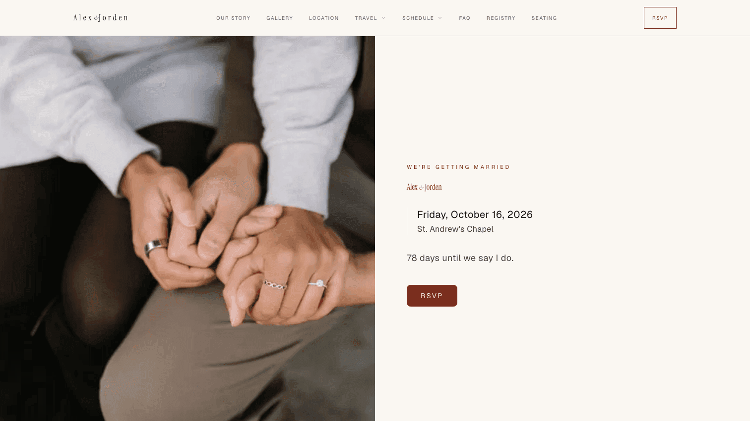 Wedding site in the Verso art direction: a large lowercase serif headline over a half-bleed photograph on a warm off-white page, with a numbered section heading