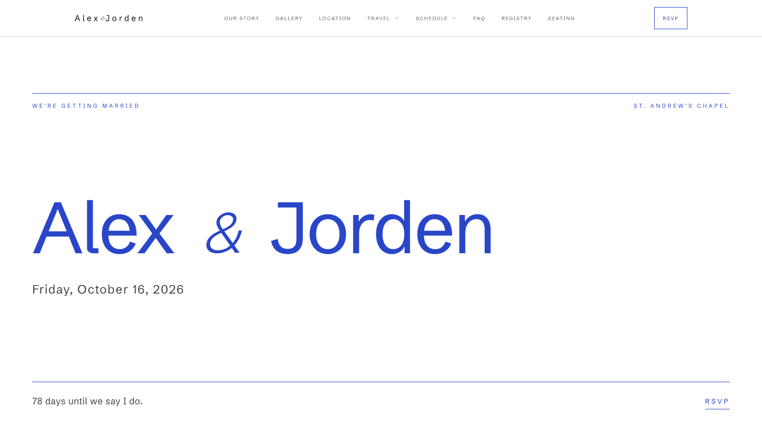 Wedding site in the Otto art direction: enormous black sans-serif names with an oversized ampersand on white, sections separated by hairline rules