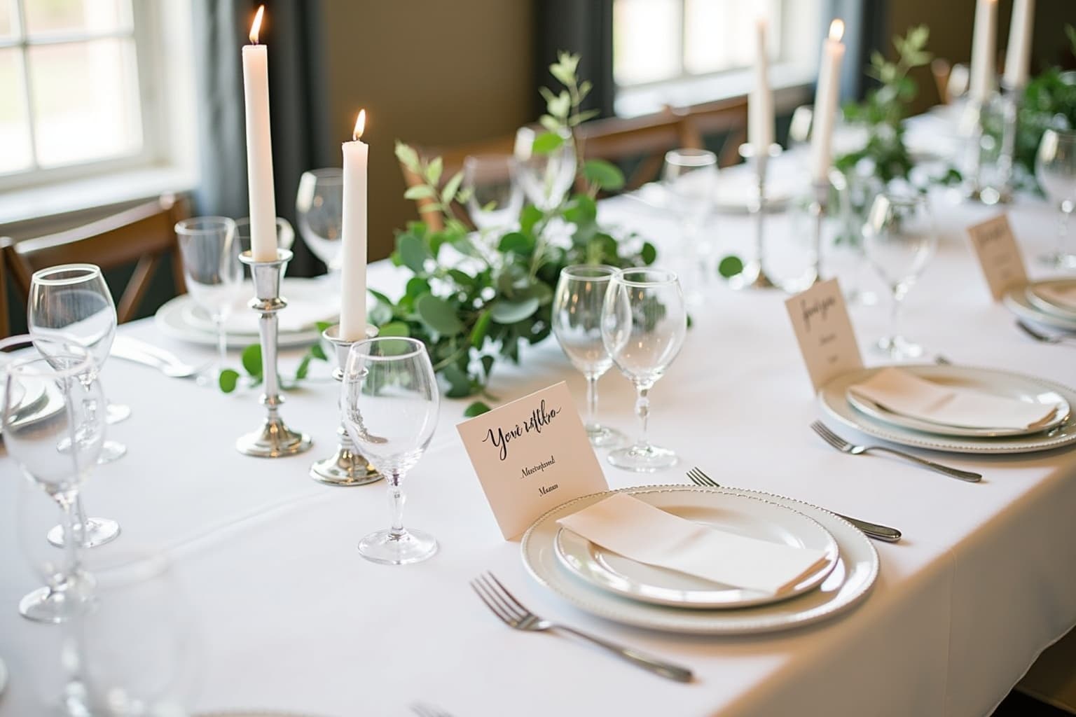 A set wedding reception table with place cards and menus